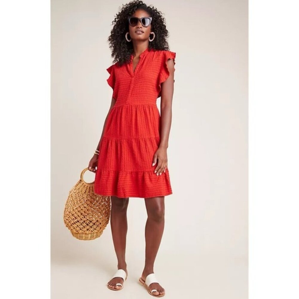AMADI Anthropologie LINEN Blend Red Flutter Sleeve Dress Robe SMALL CD-6705‎
